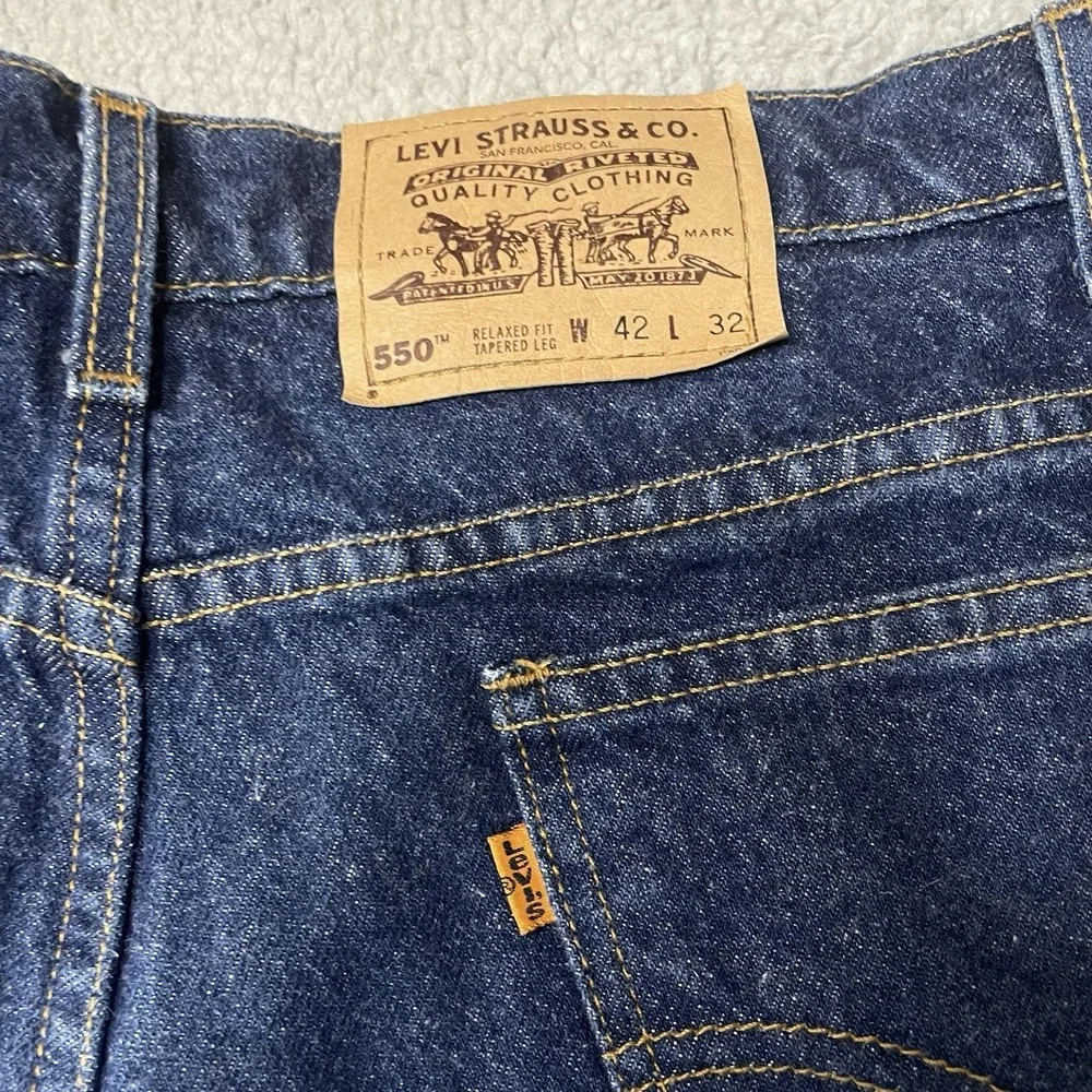 Vintage 90s Levi's 550 Jeans Mens 42x32 Relaxed Tapered Blue Denim Orange Tab
